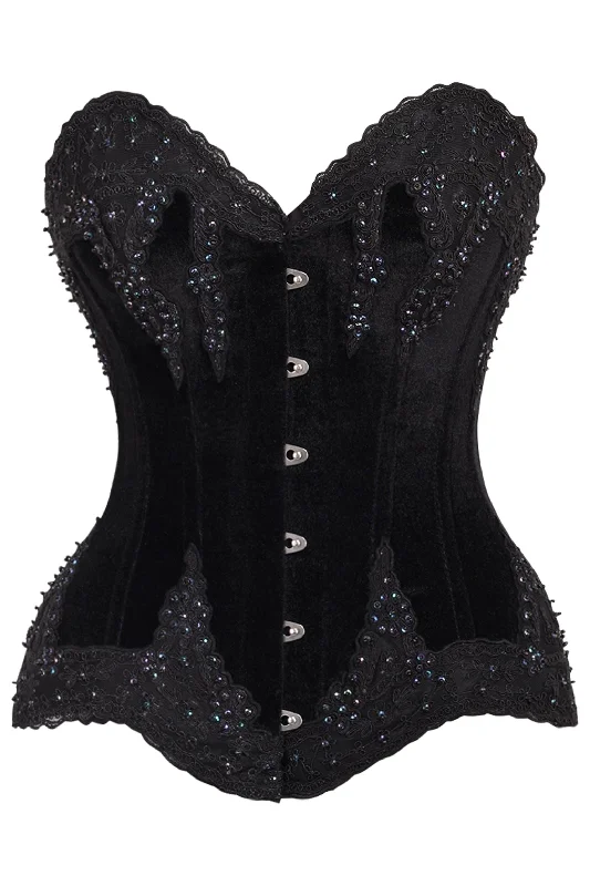 satin lingerie set-Top Drawer Black Velvet & Beaded Steel Boned Overbust Corset