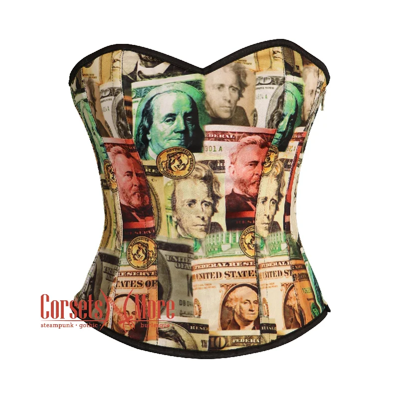 corset with layered curls-Plus Size Currency Printed Satin Overbust Corset Bustier Cosplay Costume For Halloween