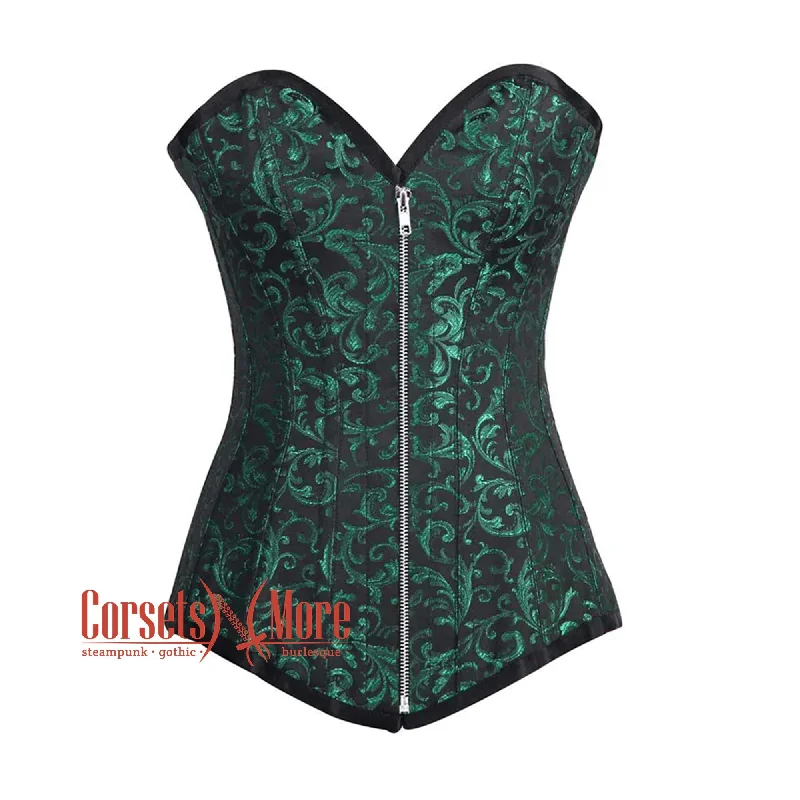 corset with satin swirls-Plus Size Green And Black Brocade Longline Front zipper Gothic Corset Burlesque Overbust Costume