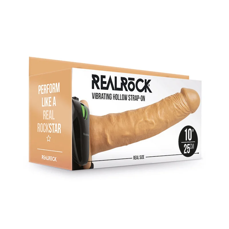 quiet vibrating anal plug for discreet pleasure-RealRock Realistic 10 in. Vibrating Hollow Strap-On Tan