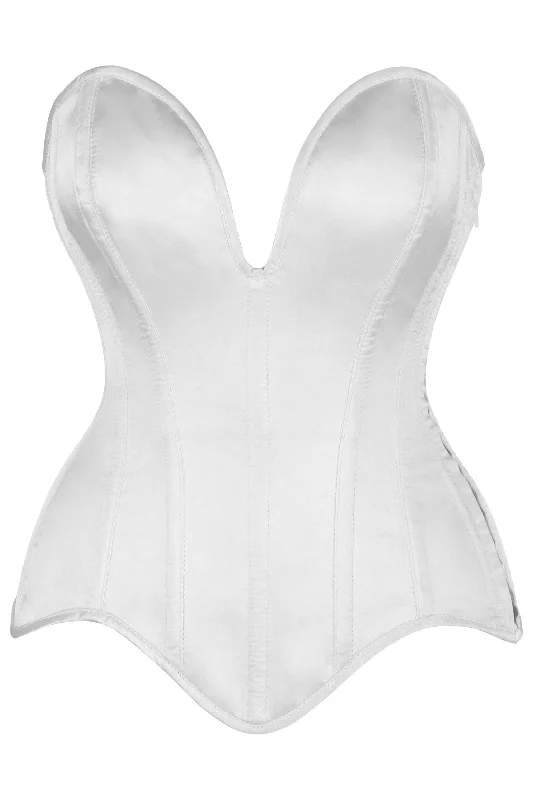 sexy lace-up lingerie for couples-Top Drawer Steel Boned White Satin Plunge Neckline Overbust Corset