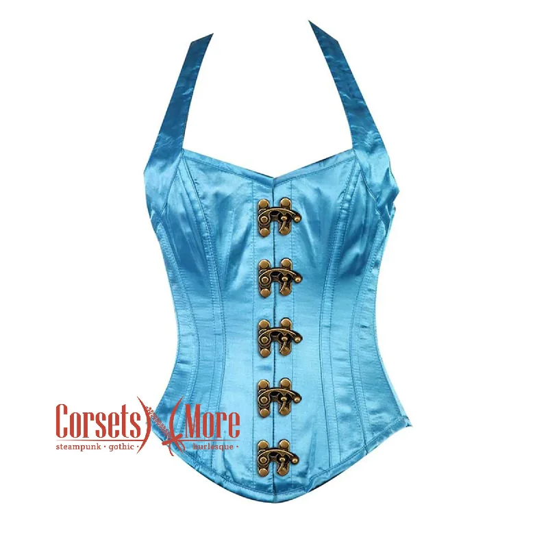 corset for bridal drops-Plus Size Baby Blue Satin With Shoulder Strap Front Clasp Burlesque Overbust Corset Bustier Top