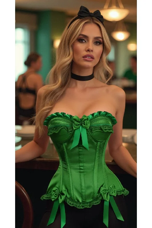 affordable sexy lingerie-Top Drawer Green Satin Steel Boned Burlesque Corset