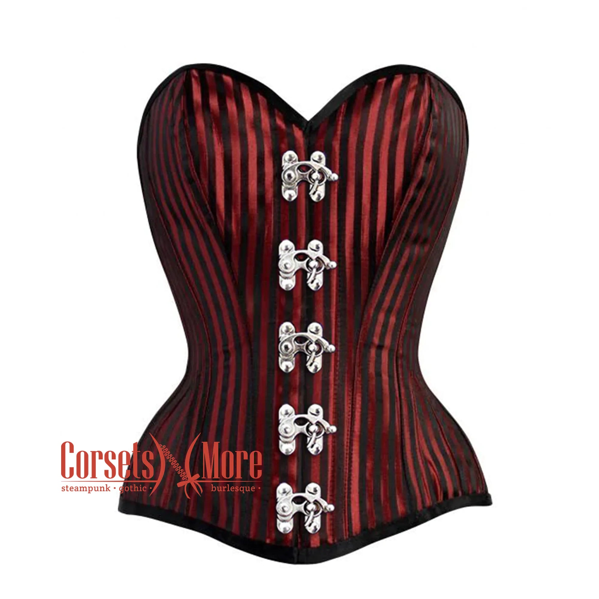 corset with plunging swirls-Plus Size Red And Black Striped Brocade Silver Clasps Steampunk Costume Gothic Corset Overbust Top