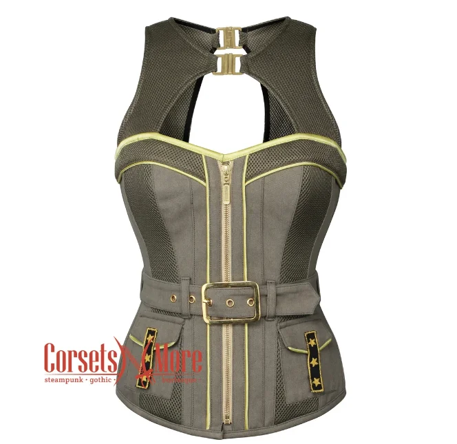 corset with metallic cascades-Plus Size Olive Green Cotton Overbust Corset with Mesh Military Costume