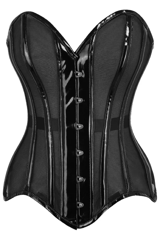 sexy corset bodysuit lingerie-Top Drawer Black Mesh Net w/Patent Steel Boned Overbust Corset