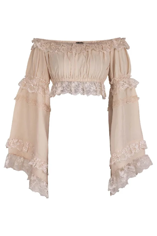 seductive lingerie with garter straps-Beige Smocked Flare Sleeve Peasant Top