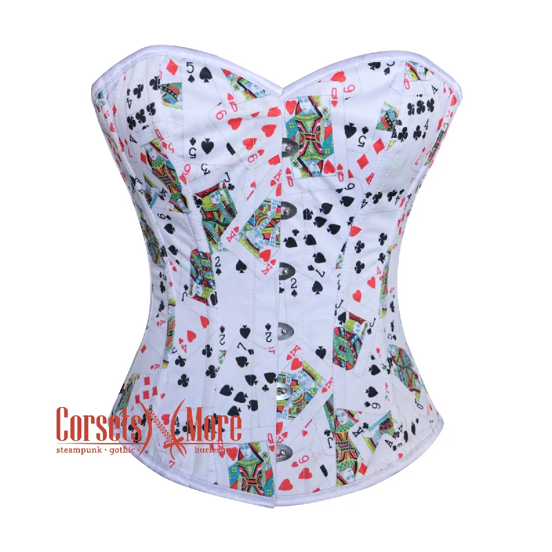 corset with leather folds-Plus Size Playing Cards Printed White Satin Corset Gothic Christmas Costume