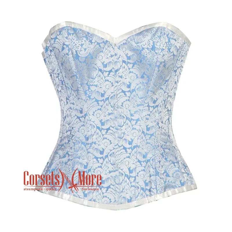 corset with pearl levels-Plus Size Blue And White Brocade Front Closed Burlesque Gothic Overbust Corset Bustier Top