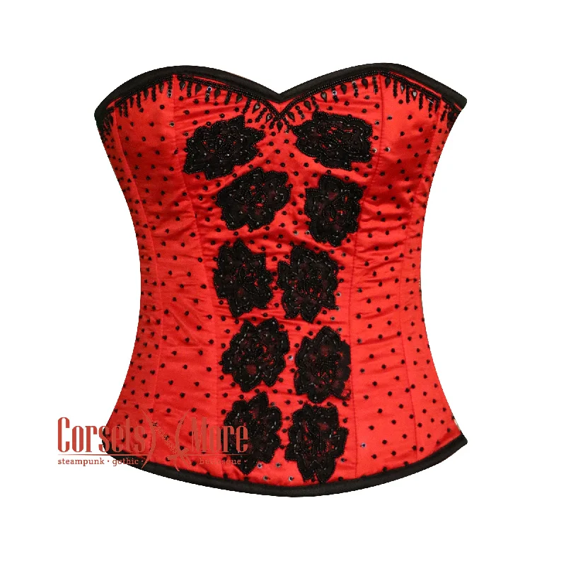 corset for costume folds-Plus Size Red Satin Black Sequins Hand Work Burlesque Gothic Costume Overbust Bustier Top