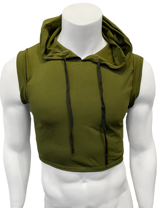 lace and satin body lingerie-Hooded Crop Tank - Army Green Cotton