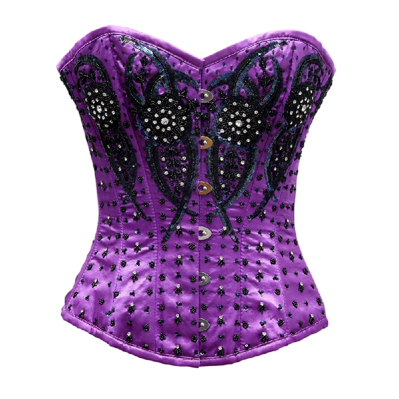 corset for pageant folds-Grentz Purple Satin Embroidery Overbust Corset