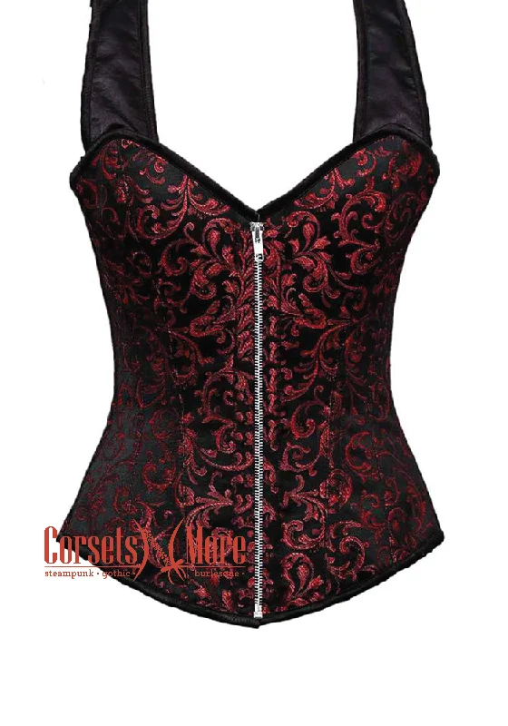 corset for retro tiers-Plus Size Red and Black Brocade With Shoulder Straps Silver Zipper Overbust Corset