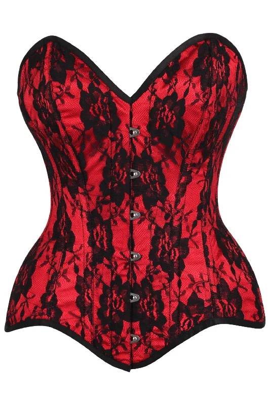 sexy lingerie with sheer mesh-Top Drawer Red Satin w/Black Lace Overlay Steel Boned Overbust Corset