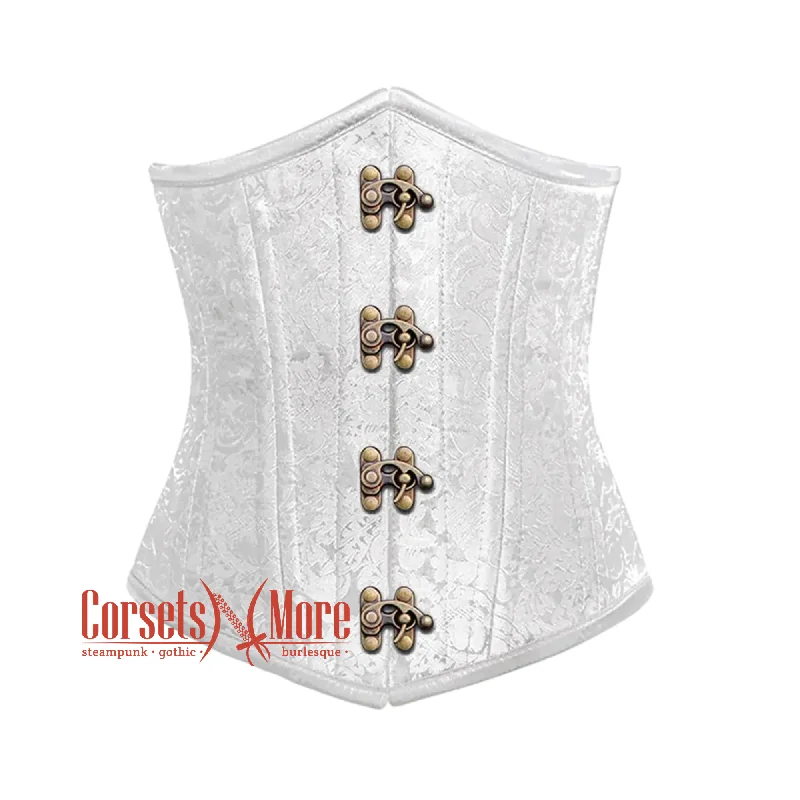 corset for retro waves-Plus Size White Brocade Antique Clasps Double Bone Steampunk Gothic Waist Training Underbust Corset Bustier Top