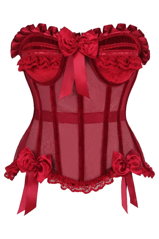 sexy lace lingerie for bridal nights-Top Drawer Steel Boned Dark Red Mesh & Velvet Underwire Bustier Corset