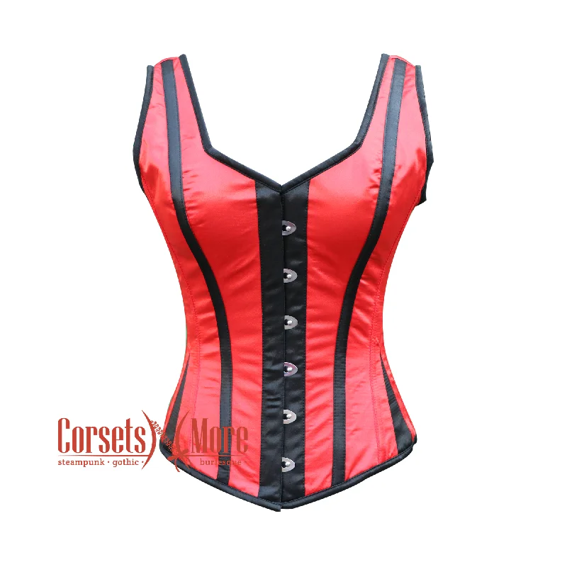 corset with gathered stitching-Red And Black Satin Corset With Shoulder Strap Plus Size Halloween Top