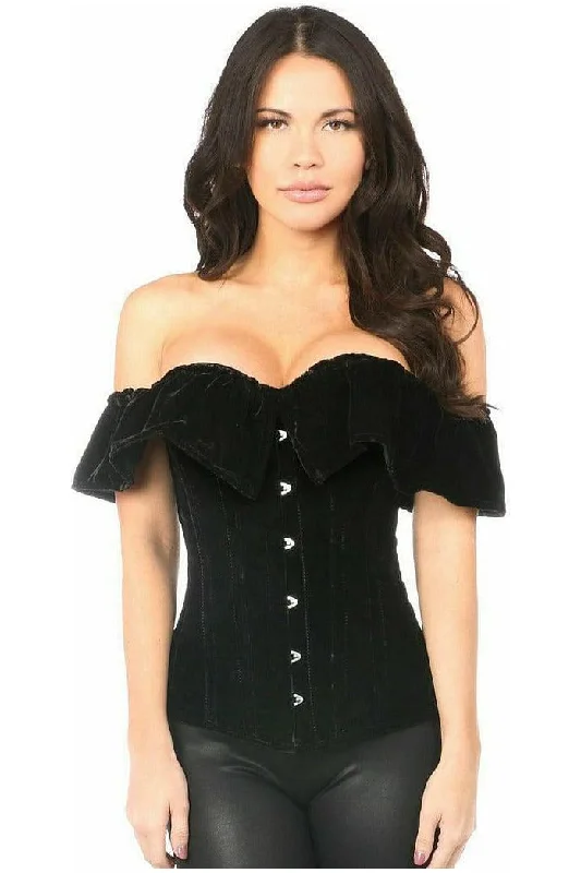 romantic lace teddy lingerie-Top Drawer Black Velvet Off-The-Shoulder Steel Boned Corset