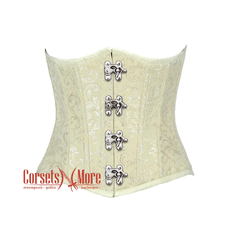 corset for costume gathers-Plus Size Ivory Brocade Silver Clasps Gothic Burlesque Waist Training Underbust Corset Bustier Top