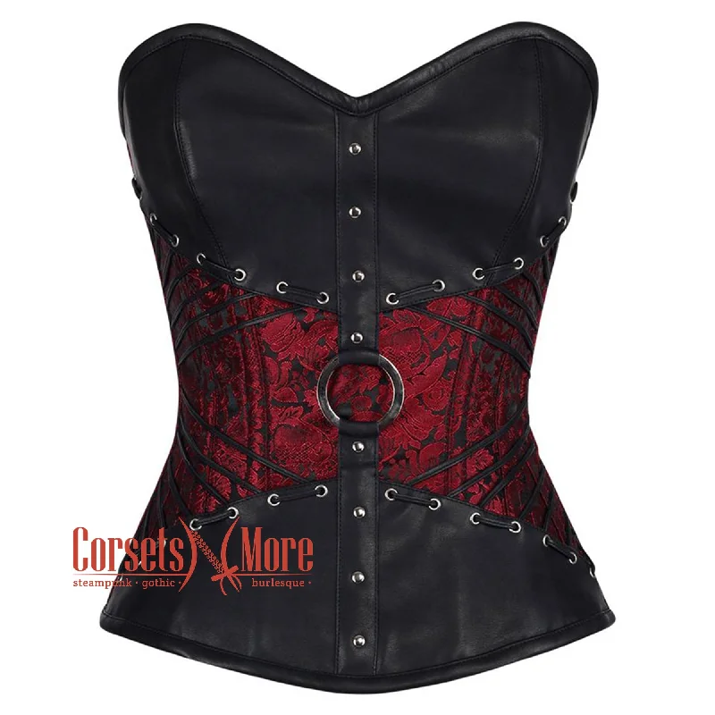 corset for dance gathers-Plus Size Red and Black Brocade Leather Belt Steampunk Sexy Waist Training Overbust Corset Bustier Top