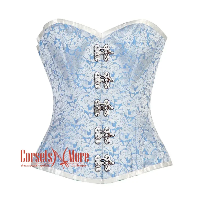 corset with satin levels-Plus Size Blue And White Brocade Front Silver Clasps Burlesque Gothic Overbust Corset Bustier Top