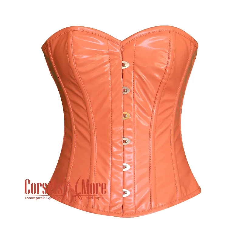 corset with pearl cascades-Plus Size Peach PVC Leather Bustier Steampunk Costume Overbust Bustier Top