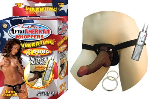 Soft Masturbator Material-Afro American Whoppers Vibrating 8-Inch Dong With Universal Harness - Brown