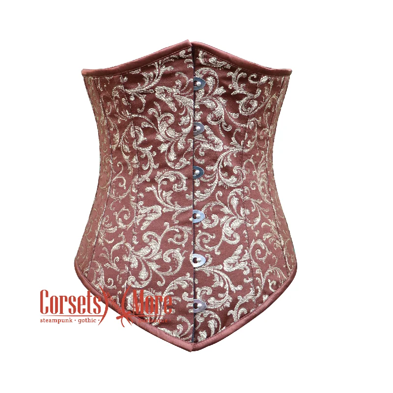 corset for club swirls-Brown And Golden Brocade Plus Size Sexy Underbust Waist Cincher Halloween Corset Top