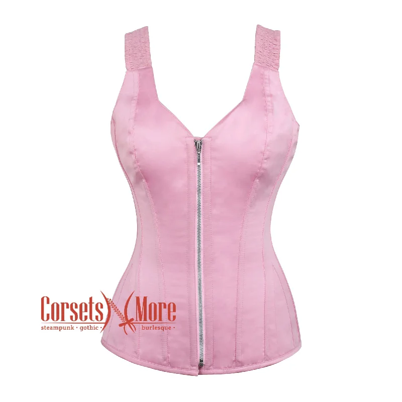 corset for runway folds-Plus Size Baby Pink Satin Gothic Overbust Corset  With Shoulder Strap Bustier Top