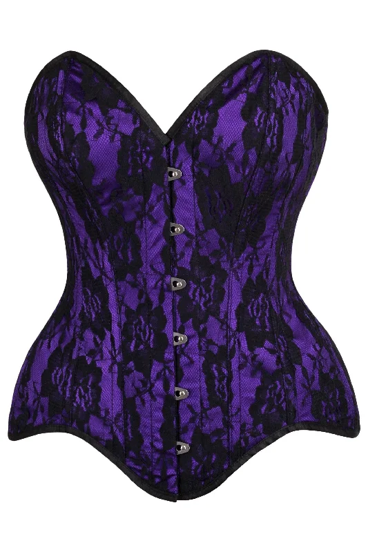 seductive lingerie with satin ribbons-Top Drawer Purple Satin w/Black Lace Overlay Steel Boned Overbust Corset