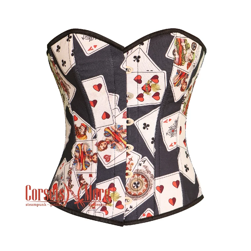 corset with embroidered cascades-Plus Size Playing Cards Printed Cotton Corset Gothic Costume Overbust Bustier Top