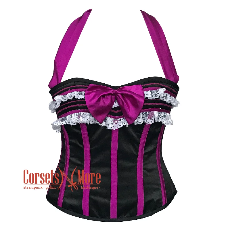 corset for summer levels-Plus Size Purple And Black Satin With Front Bow Halter Neck Burlesque Gothic Overbust Corset Top