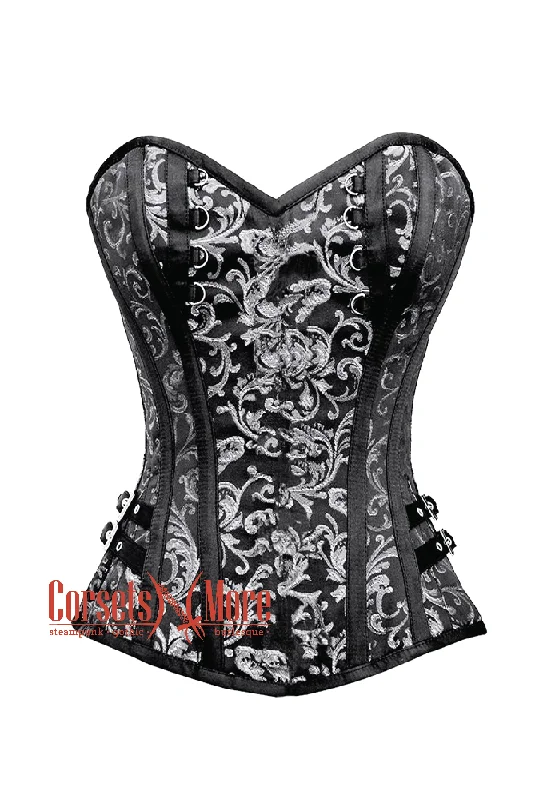 corset with structured waves-Plus Size Black and Silver Brocade Steampunk Overbust Costume Corset