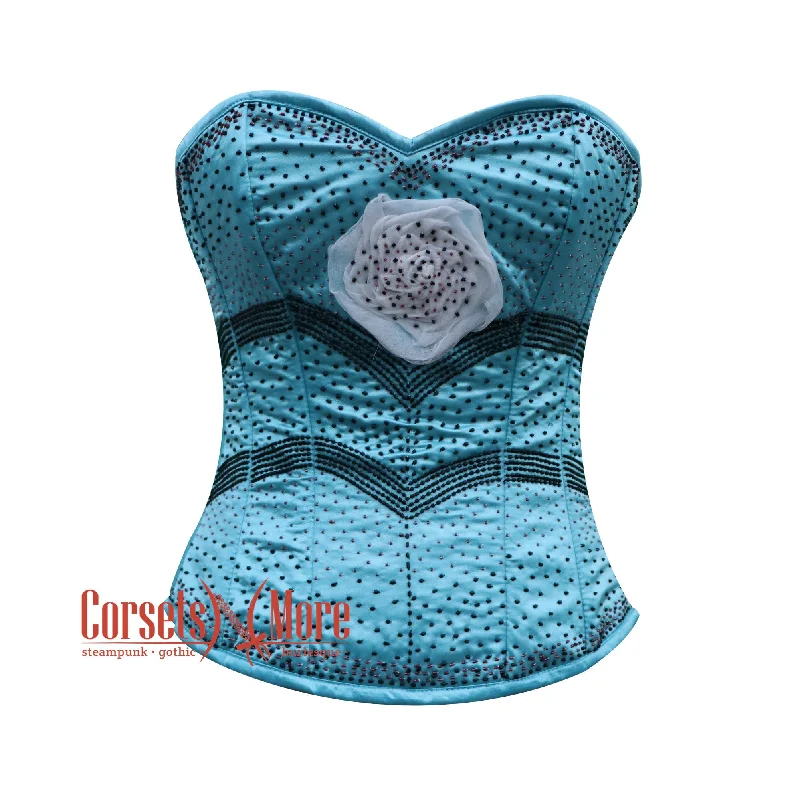 corset for vintage folds-Plus Size Baby Blue Satin Black Sequins White Flower Burlesque Gothic Corset Bustier Overbust