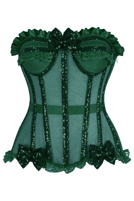 black lace bodysuit lingerie-Top Drawer Steel Boned Dark Green Sequin Underwire Bustier Corset