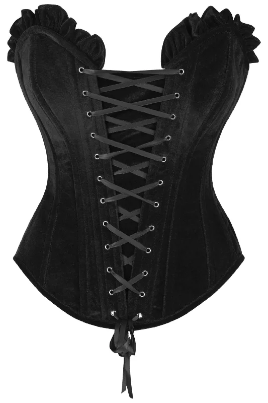 sexy lace-up teddy lingerie-Top Drawer Black Velvet Lace-Up Steel Boned Overbust Corset