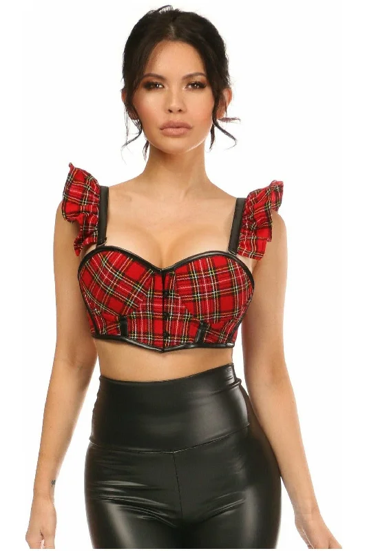 sheer lingerie with silk accents-Lavish Red Plaid Underwire Bustier Top w/Removable Ruffle Sleeves