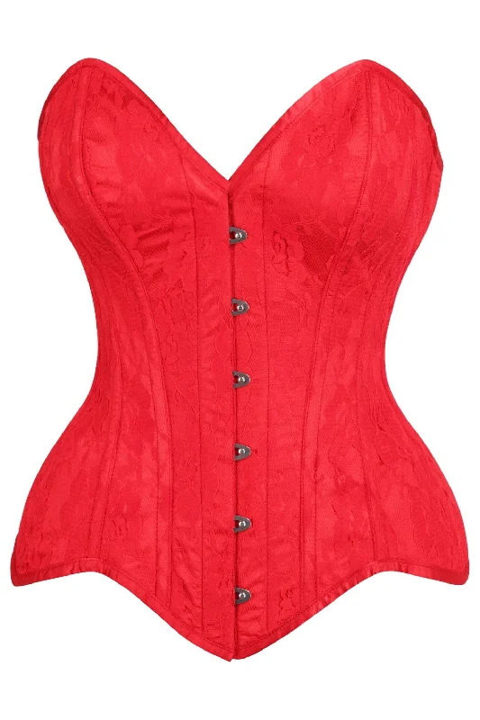 seductive lace lingerie with silk ribbons-Top Drawer Red Satin w/Red Lace Overlay Steel Boned Overbust Corset