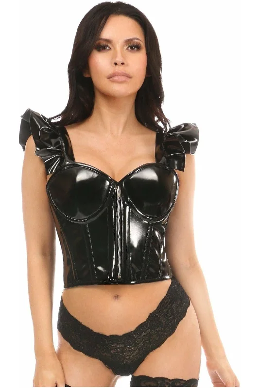 naughty lingerie for special occasions-Lavish Black Patent Bustier Top w/Ruffle Sleeves