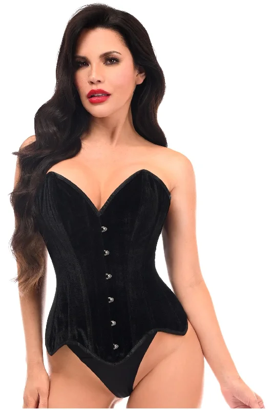 sensual lingerie with lace trim-Top Drawer Black Velvet Steel Boned Overbust Corset