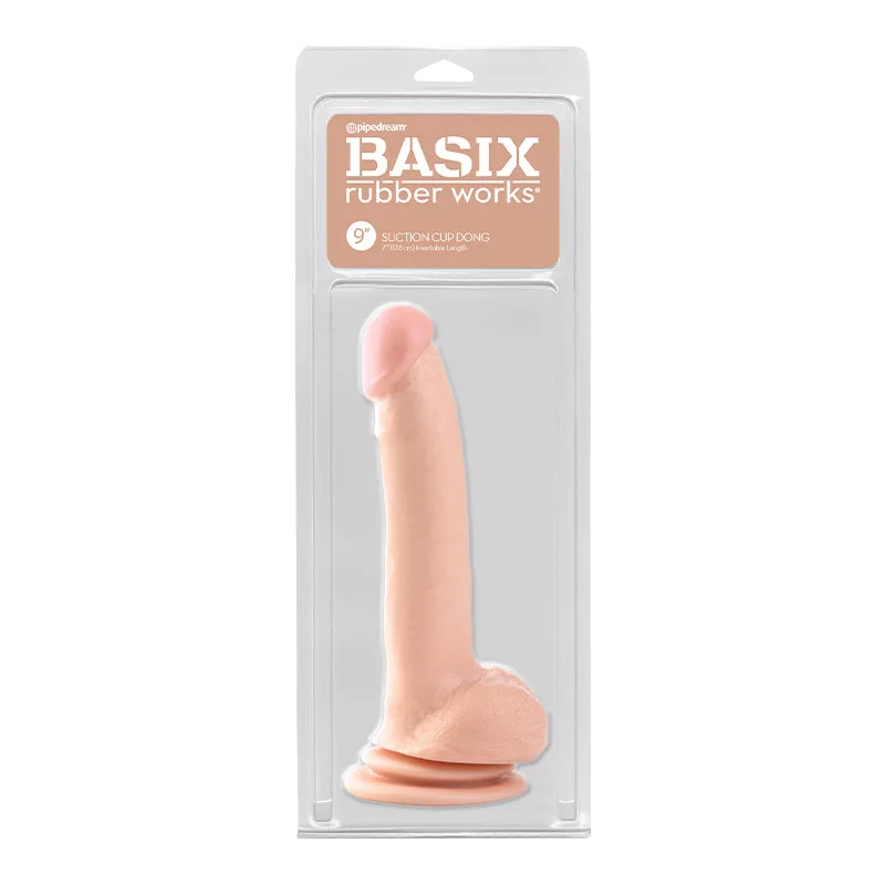 Water-Safe Masturbator-Basix Rubber Works 9 in. Suction Cup Dong With Balls Beige