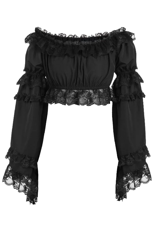 lingerie for honeymoon with lace details-Black Smocked Flare Sleeve Peasant Top